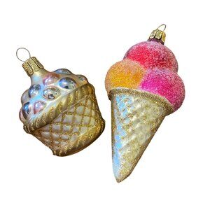 Czech Republic blown glass Sugared ice cream cone ornament glittery basket